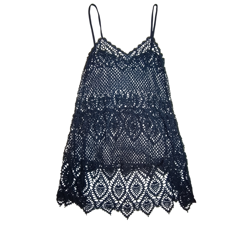 Urban Lux Resort Black Crochet Mini Midi Dress Beach Cover Up - One Size